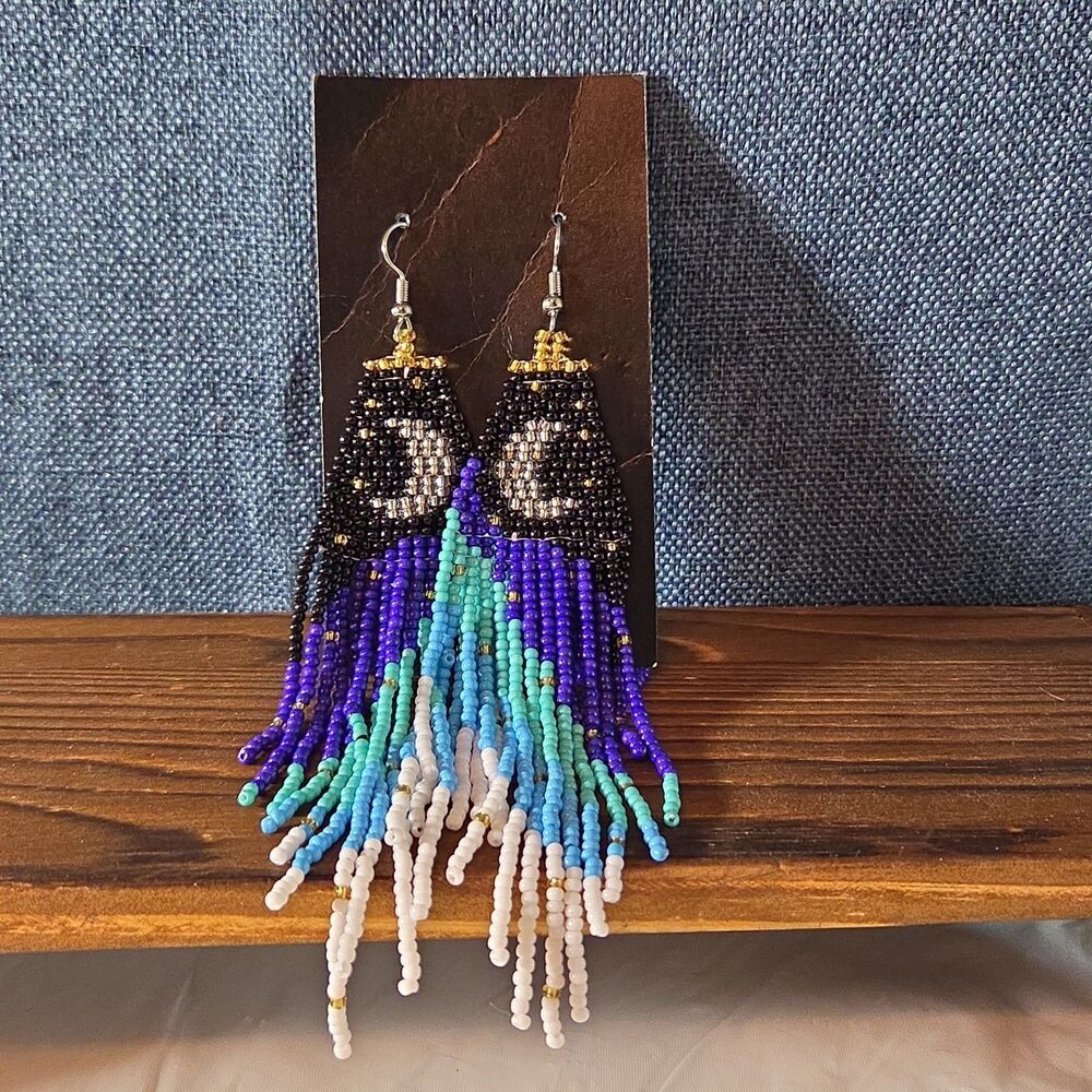 Boho Celestial Moon Seed Bead Fringe Dangle Earrings - Picture 4 of 16